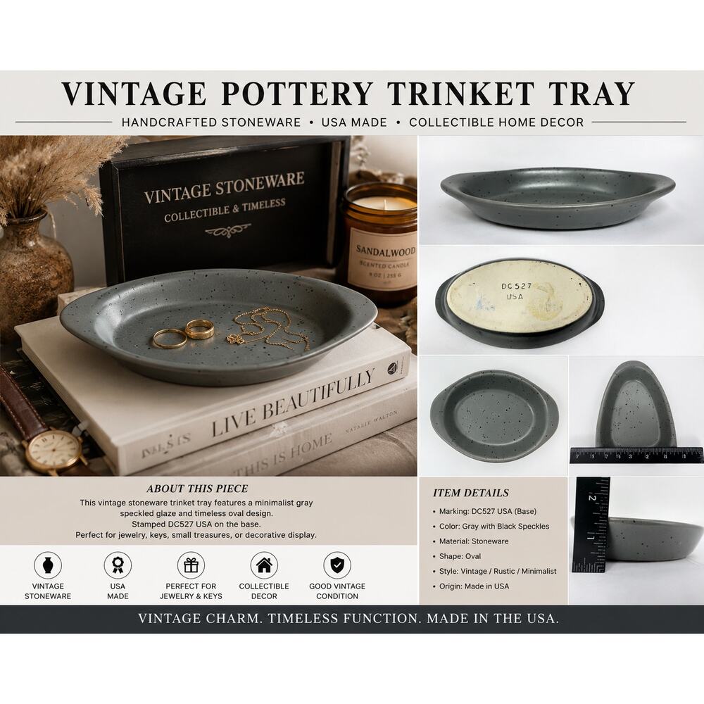 Vintage Gray Speckled Pottery Oval Trinket Tray DC527 USA Stoneware Dish